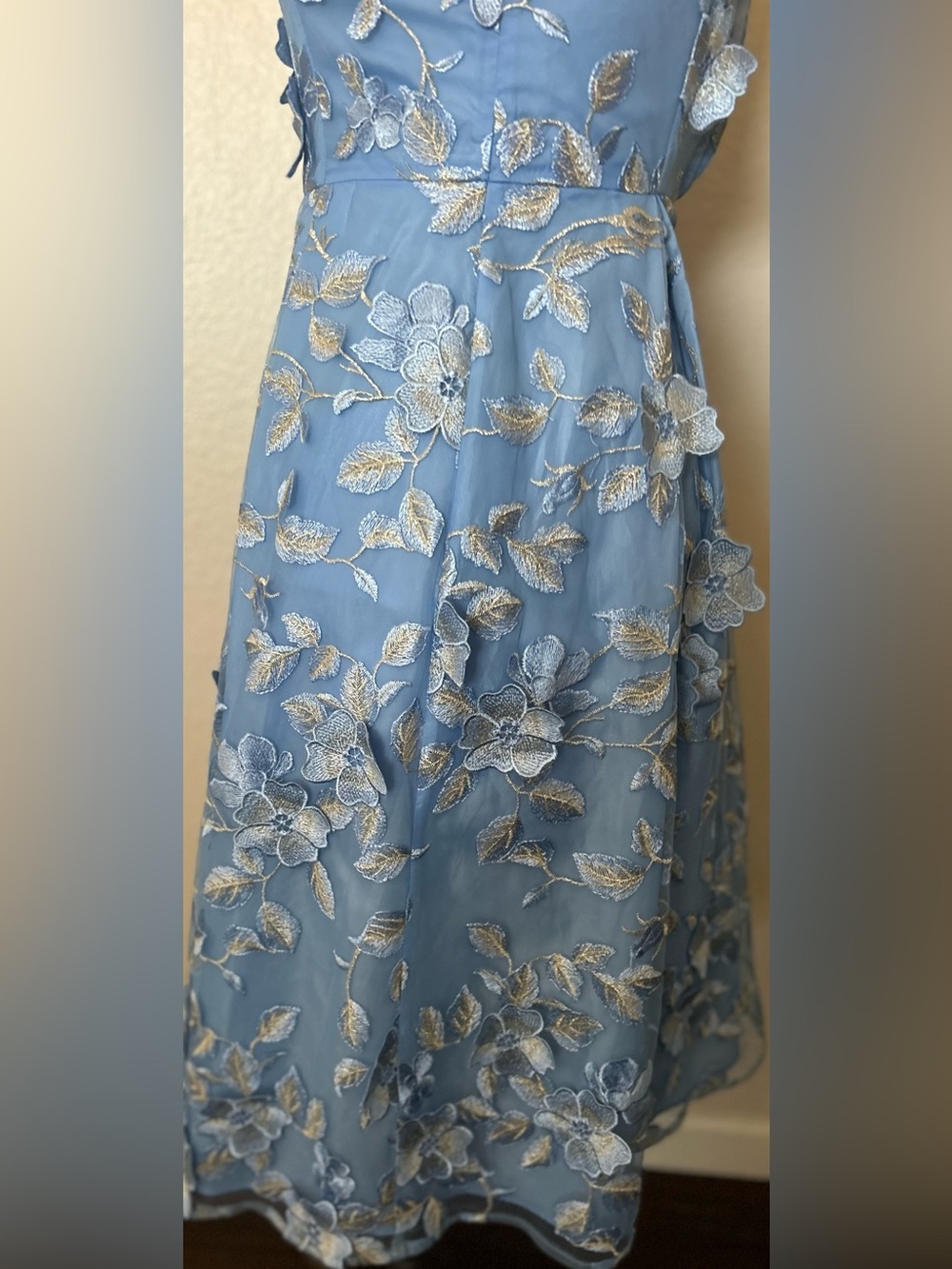 Adrianna Papell Light Blue Floral Appliqué Illusion Neck Midi Dress - Picture 10 of 13